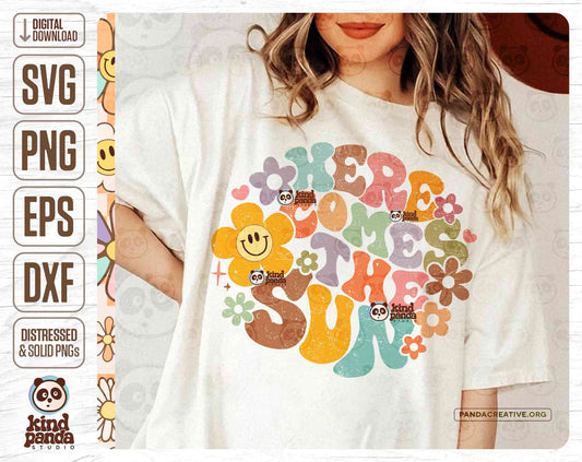 Here Comes The Sun SVG PNG, Retro Summer Sublimation, Floral Beach Shirt design, Groovy Vacation, Colorful Girls Trip DTF transfer Cut File