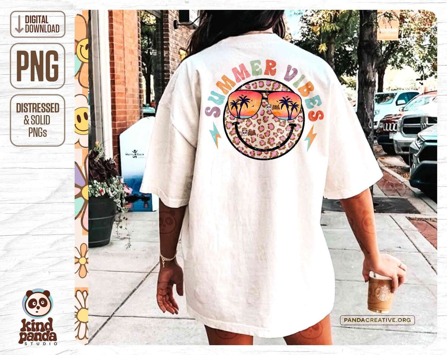 Retro Summer Vibes PNG Sublimation, Hippie Smile Face Summer Shirt DTF Transfer, Pink Leopard Print Ocean Hoodie Design