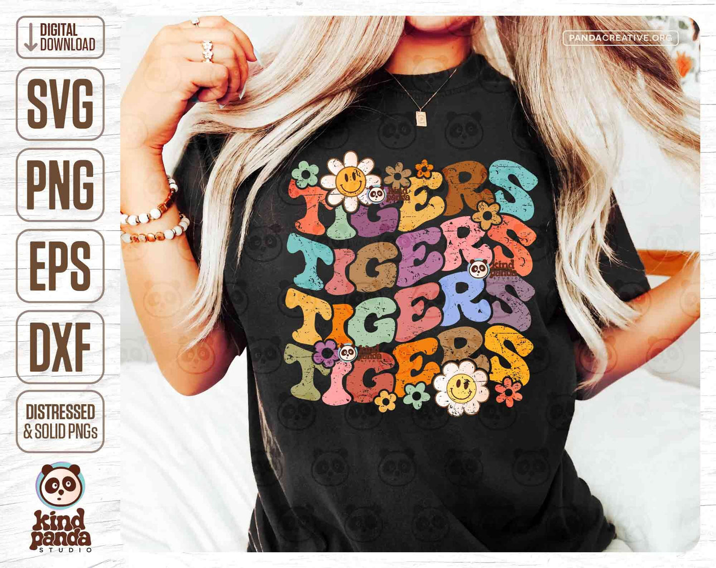 Floral Tigers SVG PNG, Retro Football Mascot Sublimation, Team Game Day Shirt Dtf Dtg Transfer, Groovy College Girl Fan, Grunge Cheer Mom