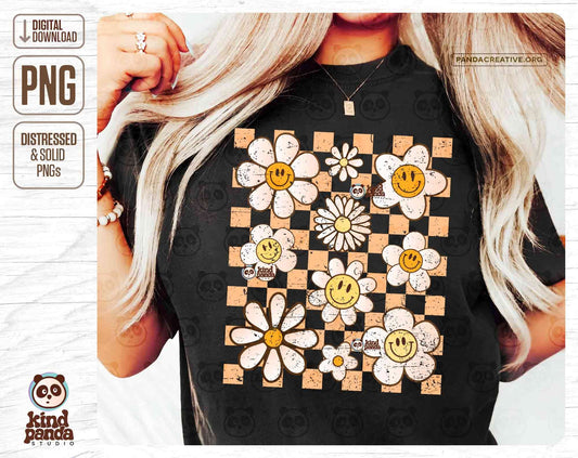 Smile Checkered Flowers PNG Sublimation, Trendy T-Shirt Design, Grunge Summer Hoodie Design, Boho 70's Groovy Floral Kids DTG DTF Transfer