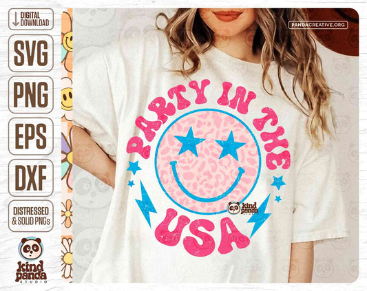 Retro  Party in the USA, Happy Face America SVG PNG, Sublimation, Distressed America, 4th Of July UsA Shirt Design, Independence Day Dtf Dtg