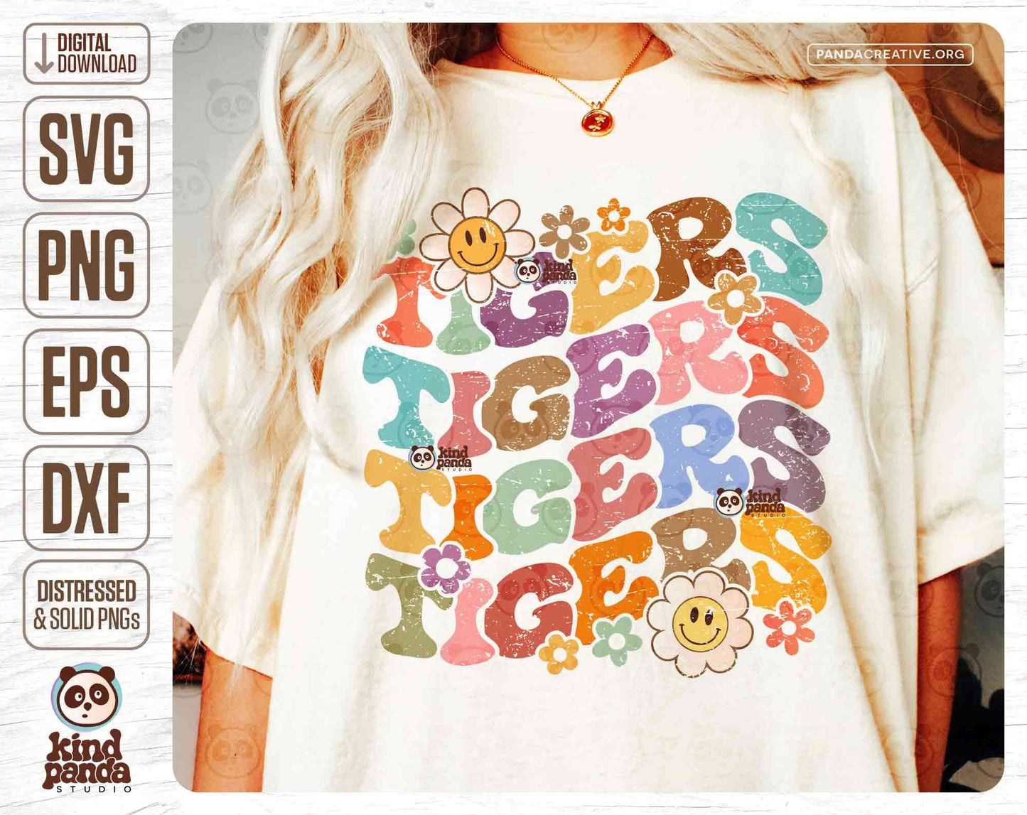 Floral Tigers SVG PNG, Retro Football Mascot Sublimation, Team Game Day Shirt Dtf Dtg Transfer, Groovy College Girl Fan, Grunge Cheer Mom