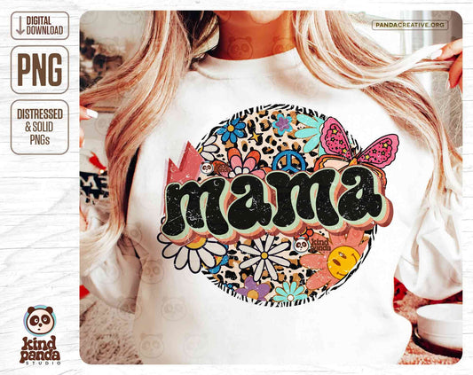Mama PNG Sublimation, Leopard Print Floral Mom Shirt Design, Groovy Mama, Happy Face Boho Mother DTF File, Colorful Retro Apparel Design
