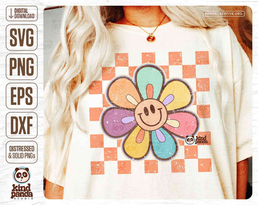 Happy Daisy Checkered SVG PNG Sublimation - Grunge Smile Face, Good Vibes only, Happy Daisy Shirt Design, Boho Kids Shirt DTF, Groovy Flower