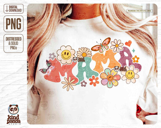Floral Mama PNG, Groovy Sublimation, Retro Colorful Mom Shirt Design, DTF DTG Transfer, Happy Mother Sweatshirt & Hoodie Design Screen Print