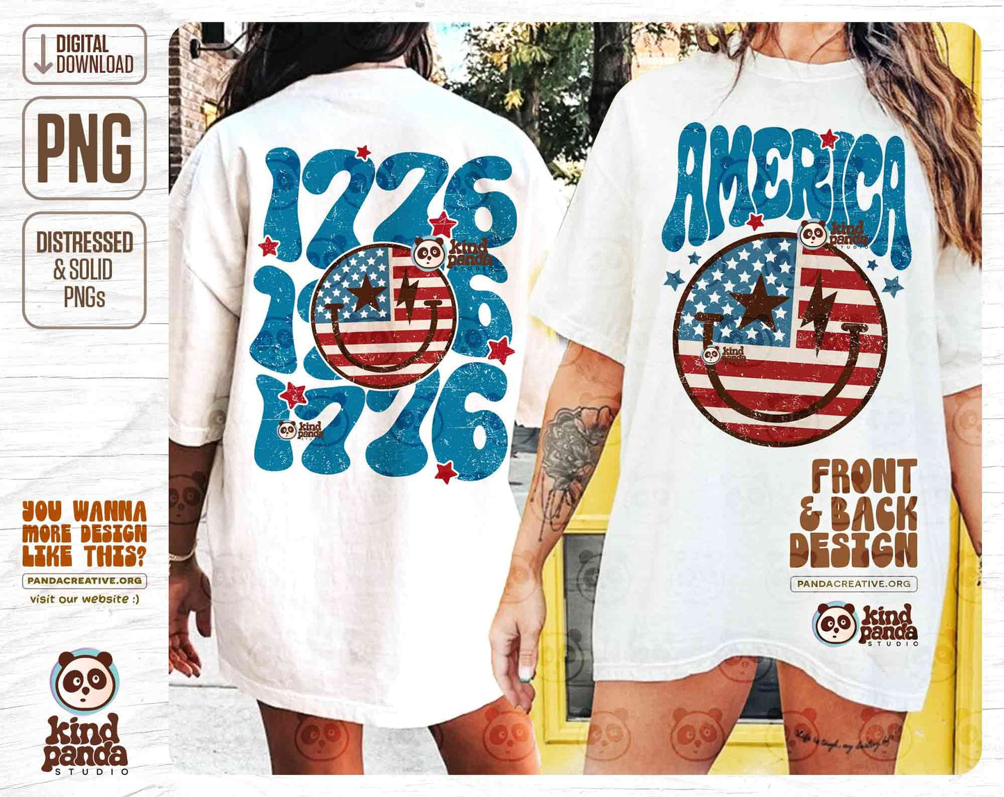 Retro Smile America 1776 PNG, Front & Back Design, Vintage USA Shirt Sublimation, Groovy 4th of July Summer Hoodie, Distressed DTF Transfer