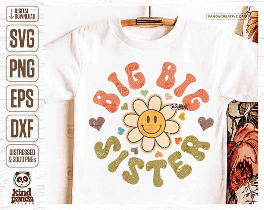 Big Sister SVG PNG Retro Sublimation, Groovy Happy Face Daisy, Onesie Toddler Shirt Design, Cute Vintage Kids DTF Transfer, Big sis Hoodie