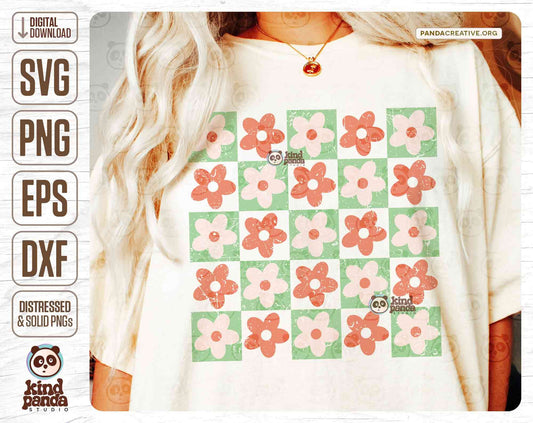Checkered Flowers SVG PNG Retro Sublimation, Grunge Checked Pattern, Pastel Kids Shirt Design, Boho Vintage Aesthetic Cut Dtg DTF Transfer