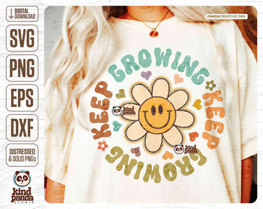 Keep Growing SVG PNG Sublimation, Smile Face Daisy, Motivational Aesthetic Retro Shirt Design, Groovy Kids - Girls hoodie dtg dtf transfer