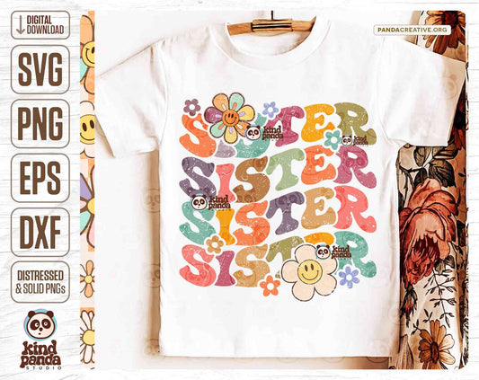 Groovy Floral Sister SVG PNG Retro Sublimation, Happy Face Daisy, Infant Toddler Onesie Shirt Design, Cute Vintage Sis Dtg Dtf Transfer