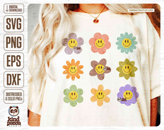 Retro Smile Face Flowers SVG PNG Sublimation - Distressed Happy Kids Shirt Design, Boho Groovy Floral Hoodie DTF Transfer, DtG Screen Print