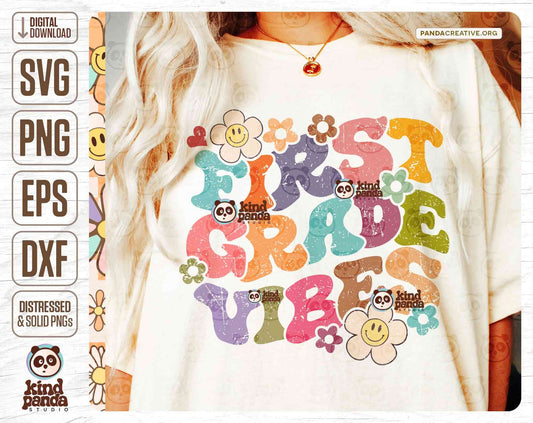 First Grade Vibes SVG PNG Retro Sublimation, Back to School Shirt, First day of School, Groovy 1st Grader, Retro Floral Teacher DTF Transfer