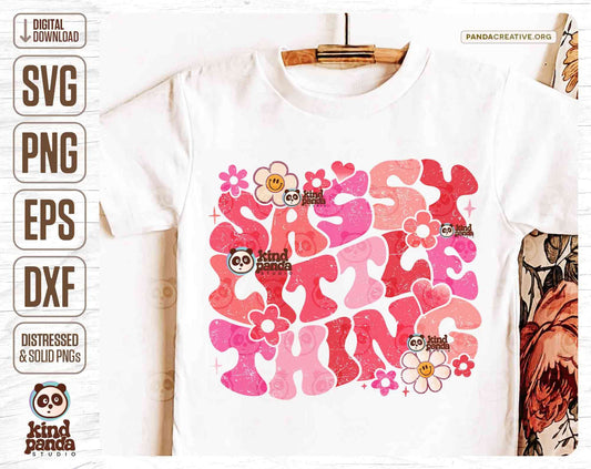 Sassy Little Thing, Pink Retro Girl SVG PNG Sublimation, Smile Face Flowers, Boho Onesie, Floral Kids Shirt Design, Groovy Toddler Cut File