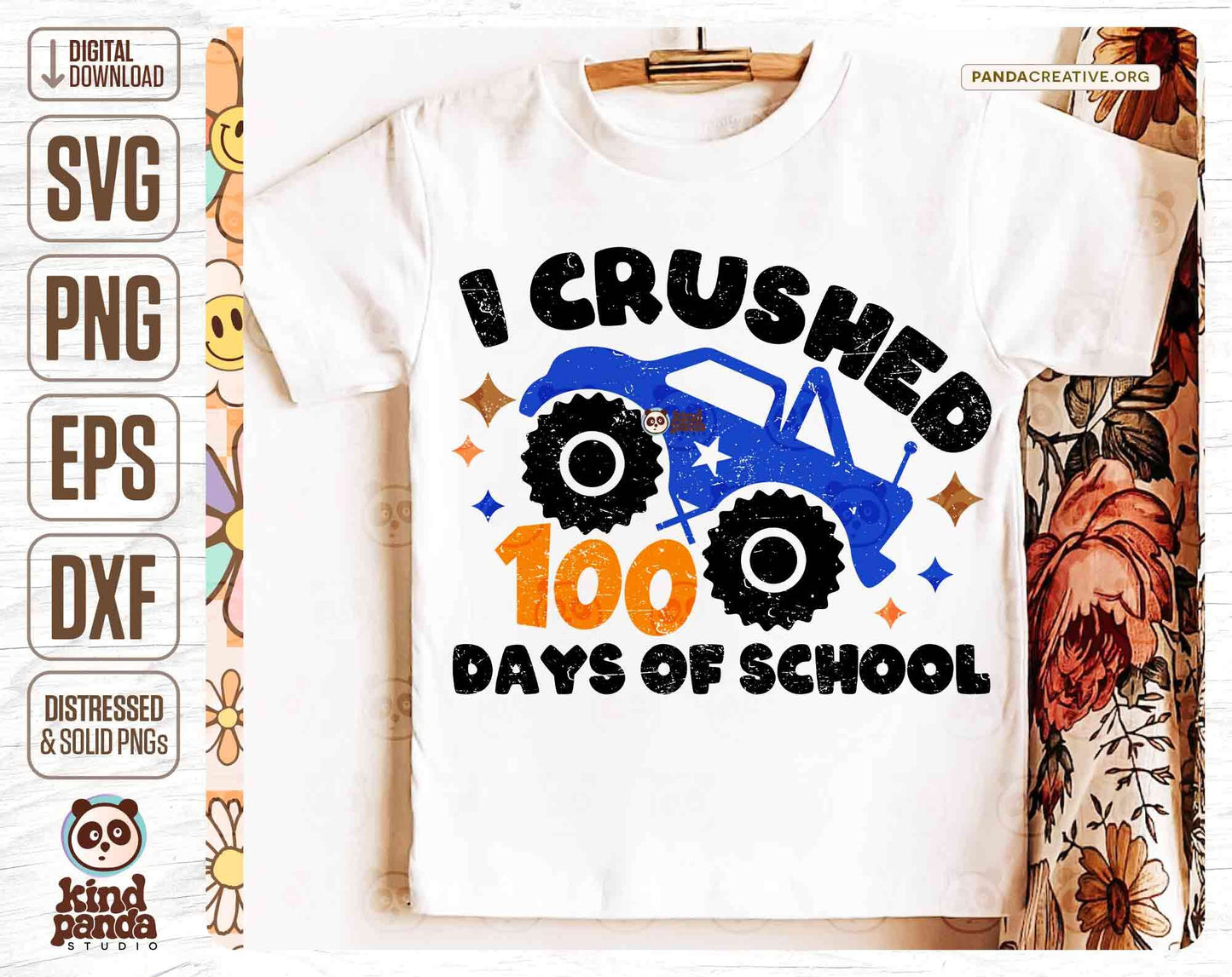 I Crushed 100 Days of School SVG PNG,  Boy Big Monster Truck Shirt Design, Preschool Boys, Kindergarten Toddler DTF Sublimation, Cut File