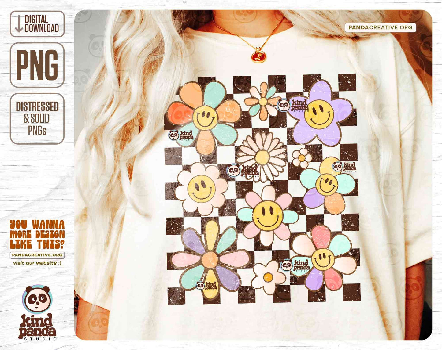Retro Checkered Flowers PNG Sublimation, Vintage Kids Shirt Design DTF, Grunge Smile Face Floral DTF Transfer, Aesthetic Boho Screen Print