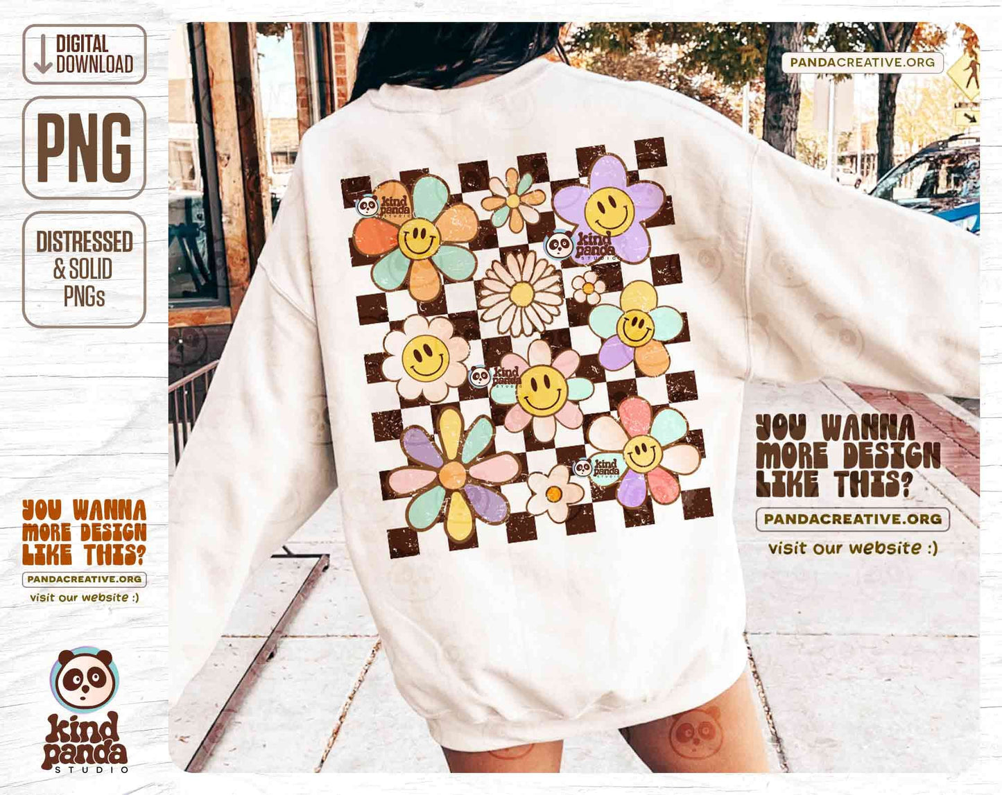 Retro Checkered Flowers PNG Sublimation, Vintage Kids Shirt Design DTF, Grunge Smile Face Floral DTF Transfer, Aesthetic Boho Screen Print