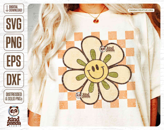 Checkered Happy Flower SVG PNG Sublimation, Grunge Smile Face Daisy, Happy Daisy Kids Shirt Design, Boho Groovy Floral Hoodie DTF Transfer
