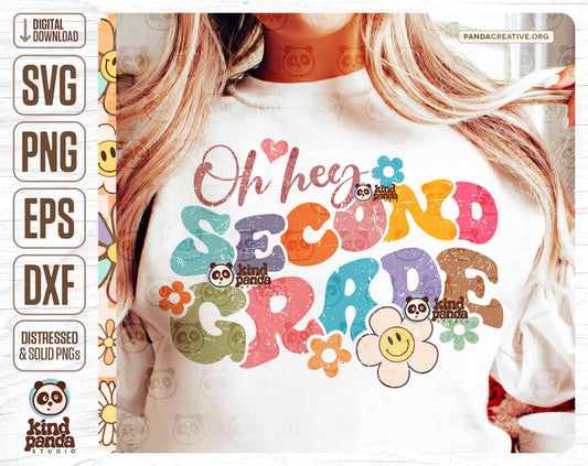 Groovy Second Grade SVG PNG, Oh Hey 2nd Grade Sublimation, Retro 2nd Grade Teacher Shirt Design, Vintage Grade Crew Smile Flower Cut File