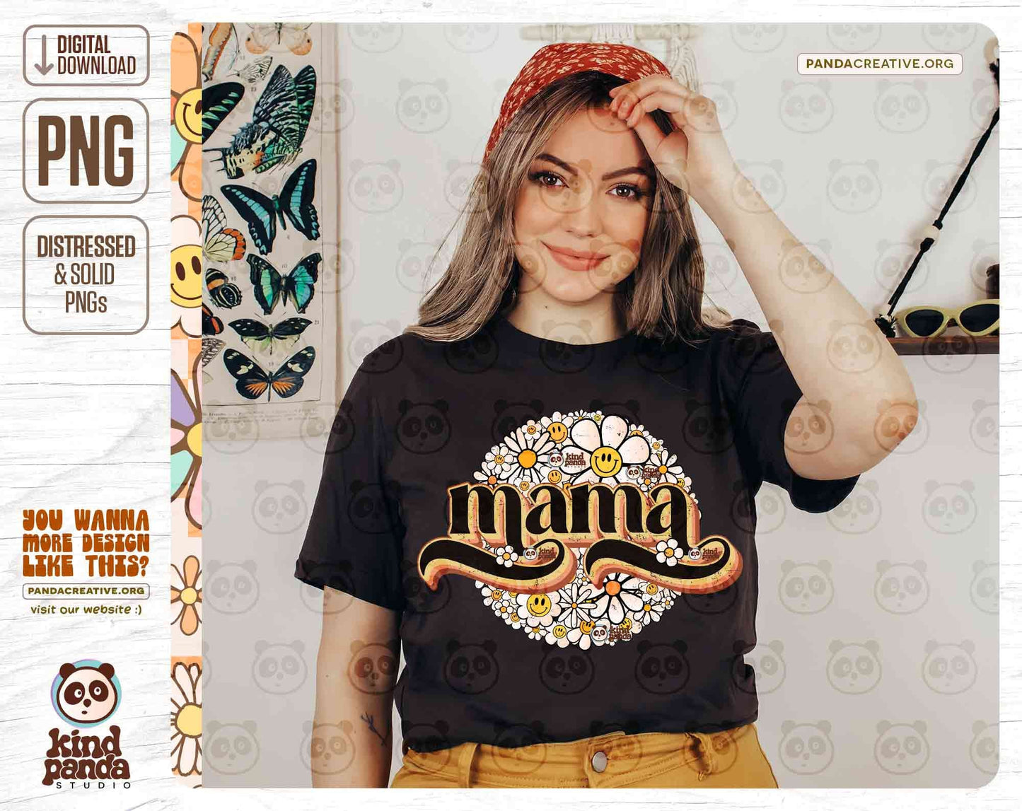 Retro Happy Flowers Mama T-Shirt DTF Transfer, Aesthetic Mom PNG Sublimation, Screen Print, Smile Face Vintage Floral DTG Design