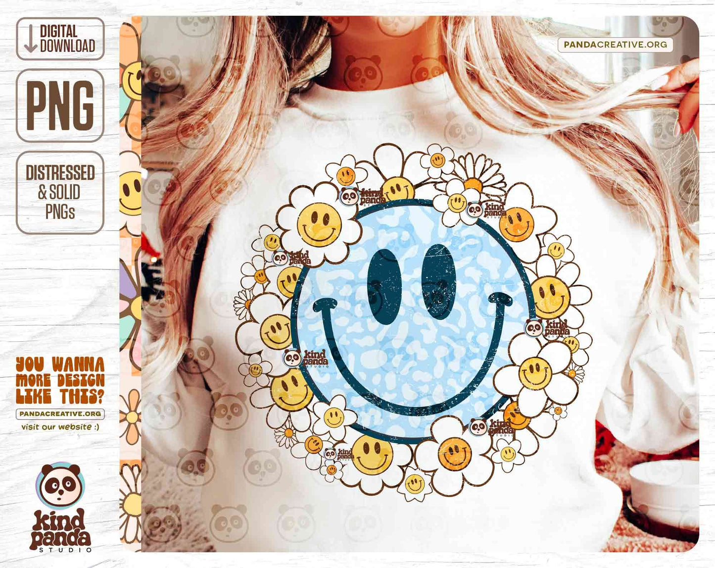 Flowers Smile Face PNG Sublimation, Retro Happy T-Shirt Design, Vintage Leopard Print DTF Transfer Screen Print, Round Kids Onesie Shirt DTG