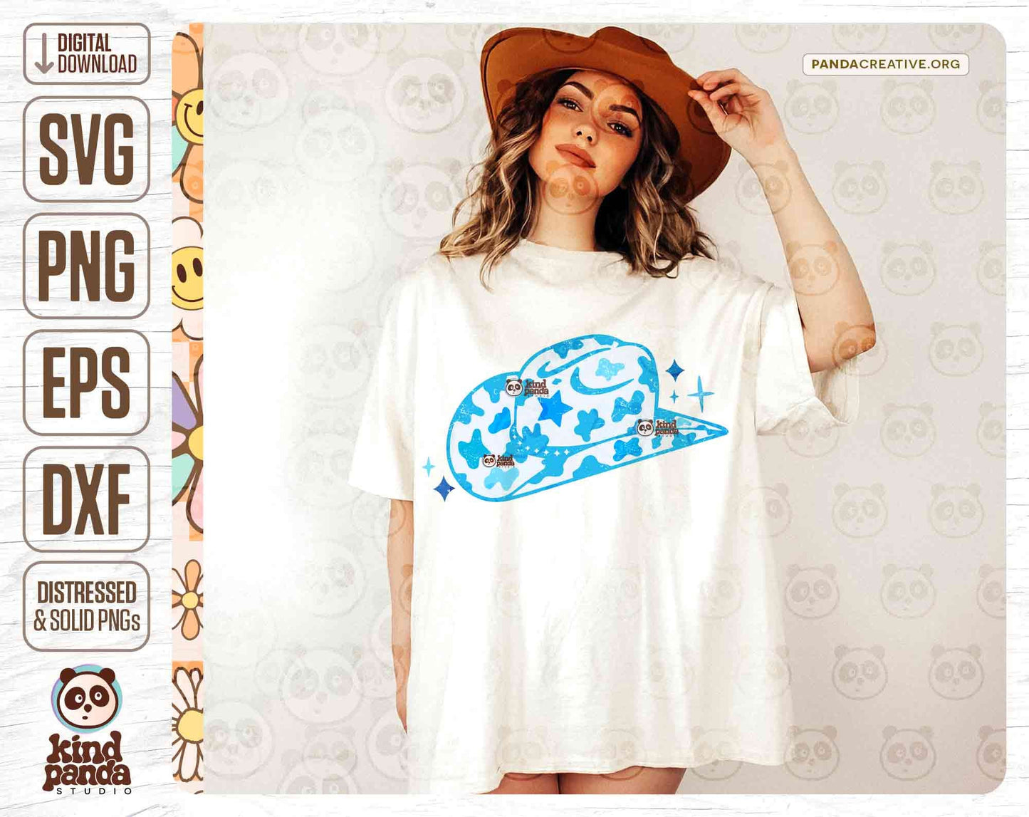 Retro Blue Cowboy Hat PNG SVG, Leopard Print Sublimation, Groovy CowGirl Hat Shirt DTF Transfer, Screen Print, Distressed Western Woman DtG