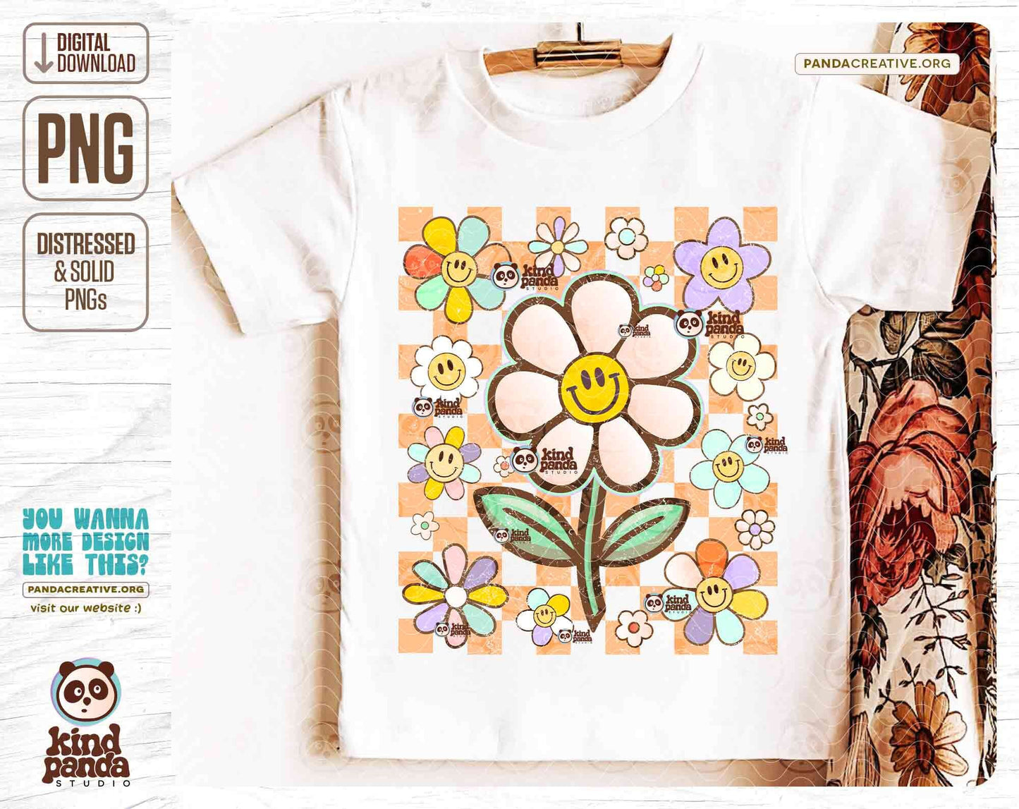 Smile Face Checkered Flowers PNG - Vintage Shirt Sublimation File, Grunge Happy Face Daisy, Boho Kids T-Shirt Design, Groovy DTF Transfer